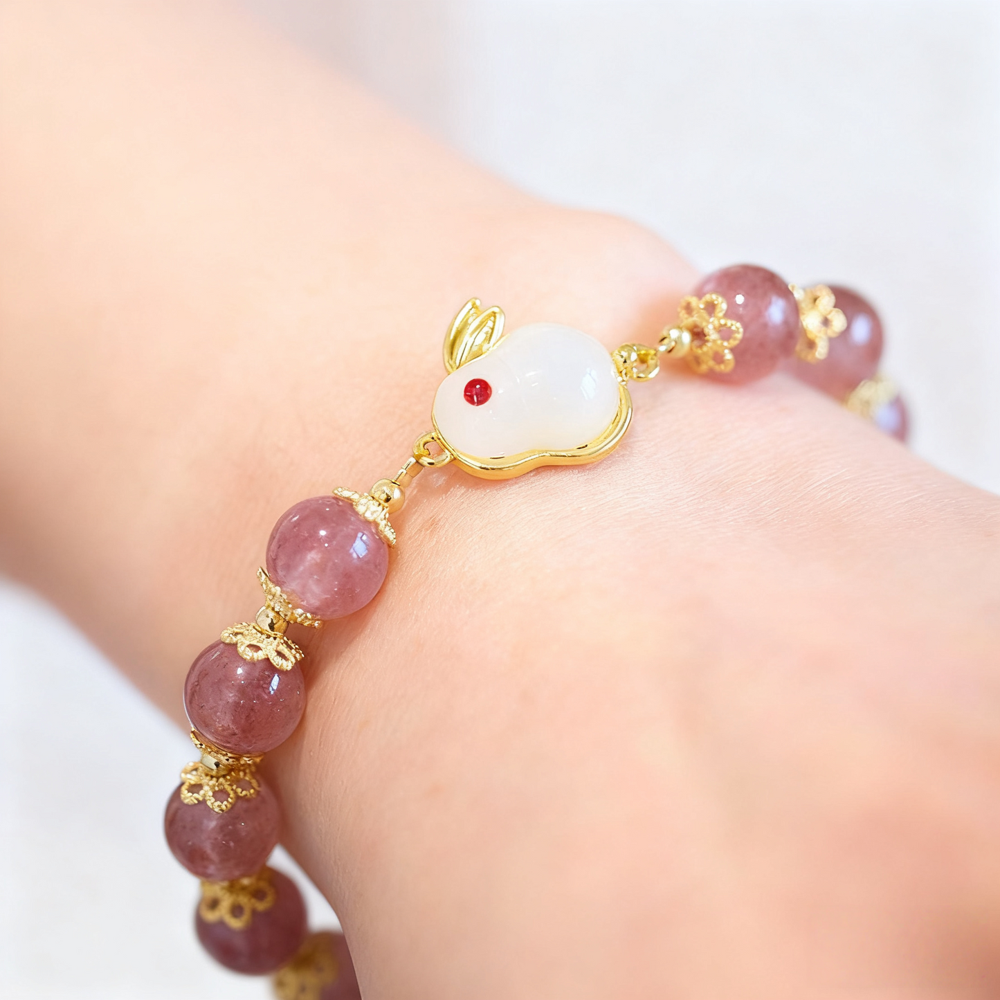 Strawberry Quartz & Rabbit Bracelet